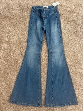 Free People Medium Blue High-Rise Flare Jeans